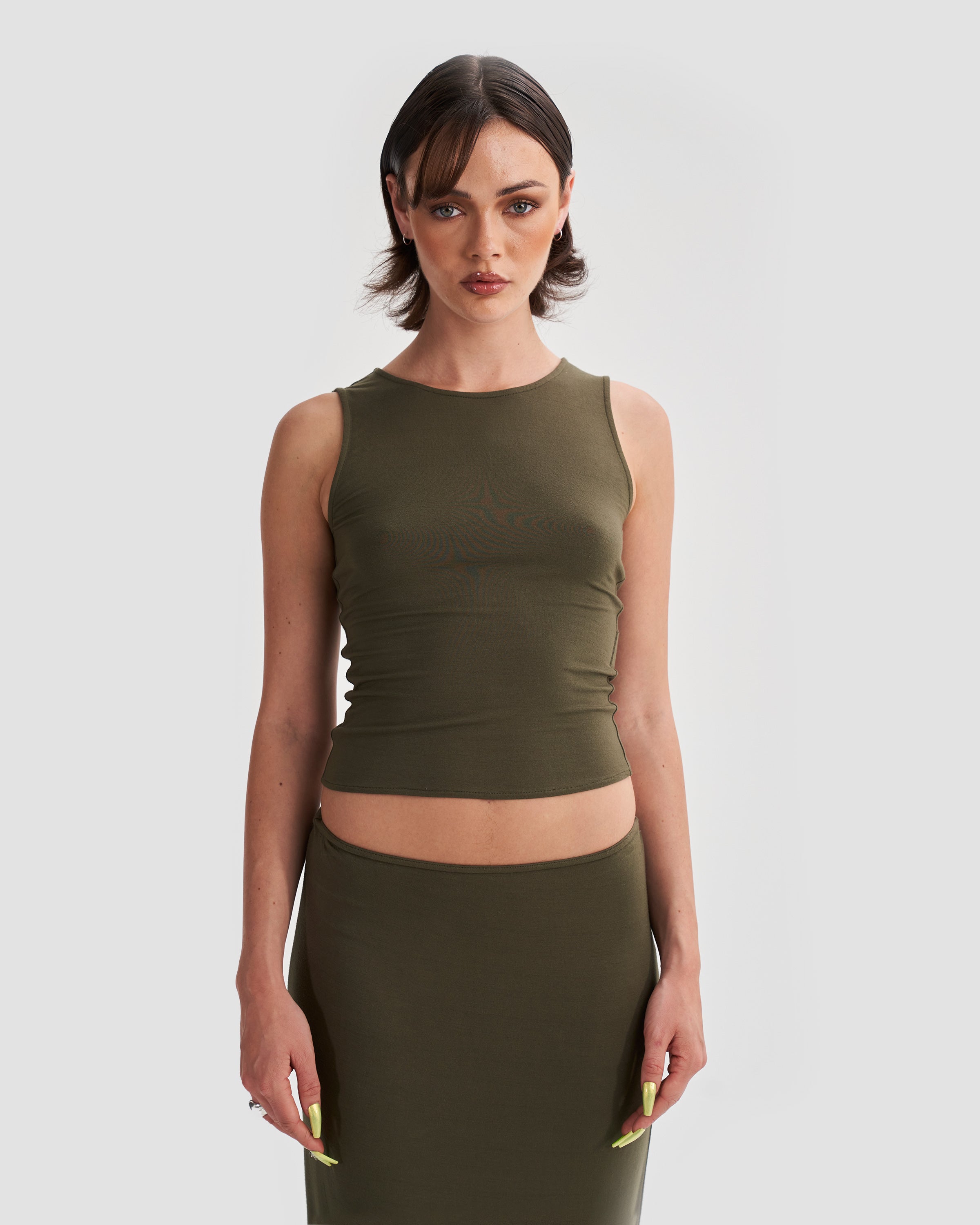 Fitted Jersey Tank Top Co-Ord in Khaki